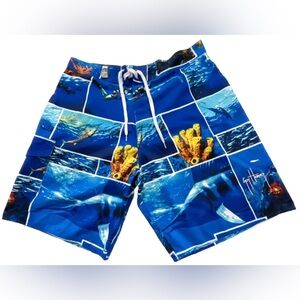 Guy Harvey By Aftco Bluewater Men 36 Swim Trunks/Shorts  Marlin Reef Scenes Blue